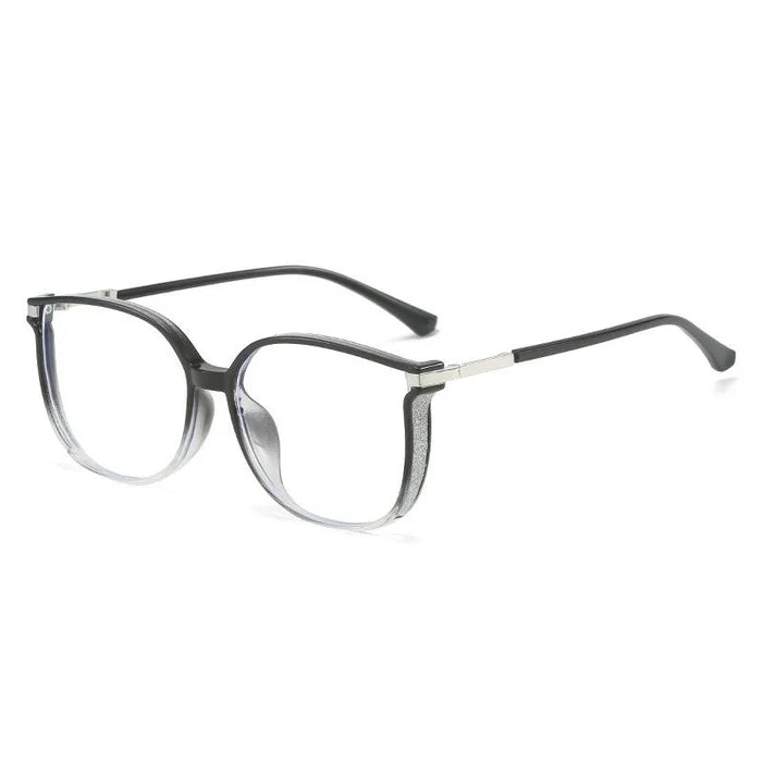 Woman models stylish luxury reading glasses. Comfortable fit, timeless design for vision assistance.