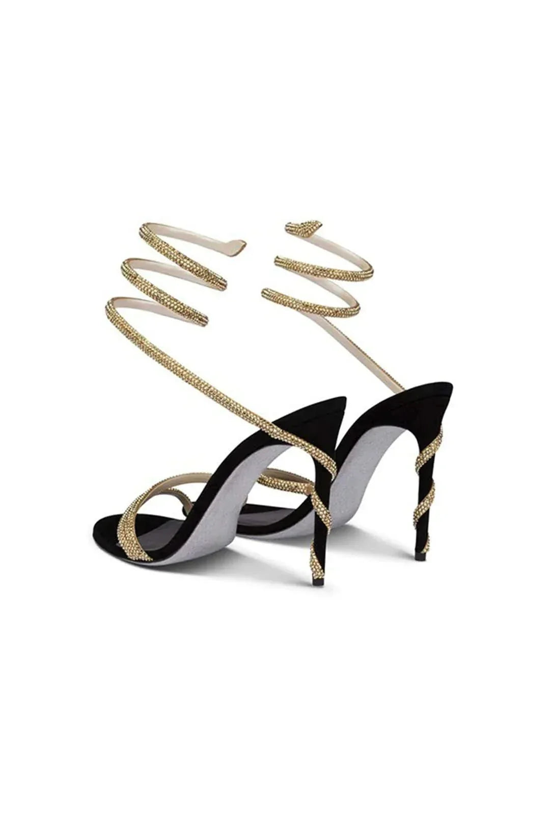 Luxury women's black crystal stiletto heels with a unique spiral ankle strap, ideal for formal & special occasions.