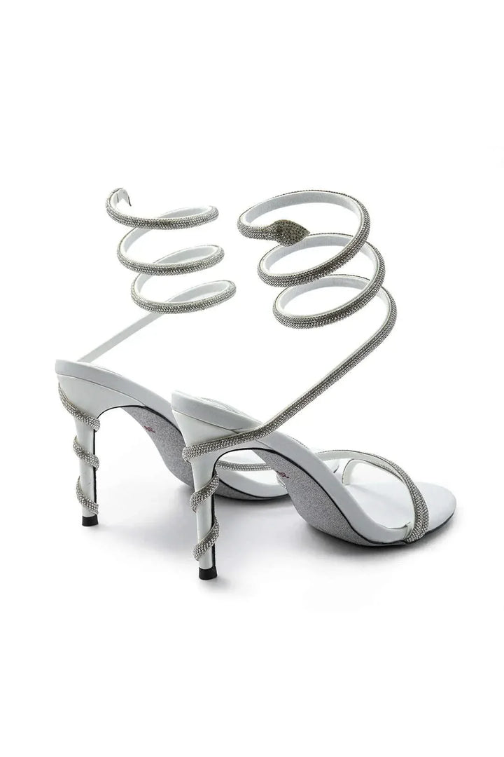Chic women's party stiletto heels, adorned with dazzling crystals & a fashionable spiral ankle wrap design.