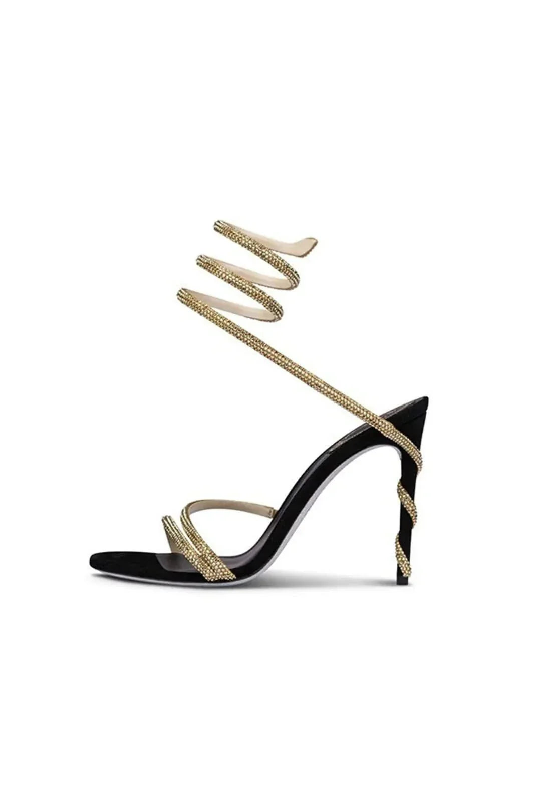 Elegant white crystal stiletto high heels for women, featuring a striking spiral ankle wrap, perfect for galas.