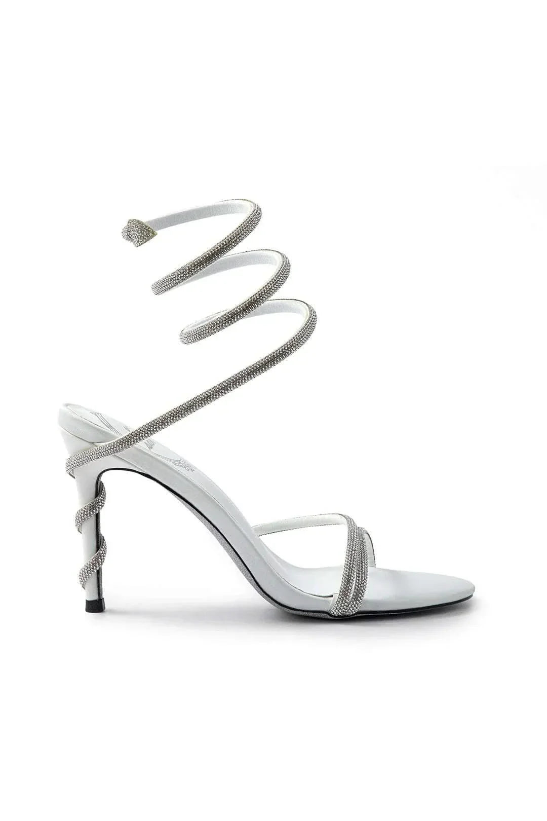 Glamorous women's crystal stiletto heels with a dazzling spiral ankle wrap, ideal luxury footwear for evening events.