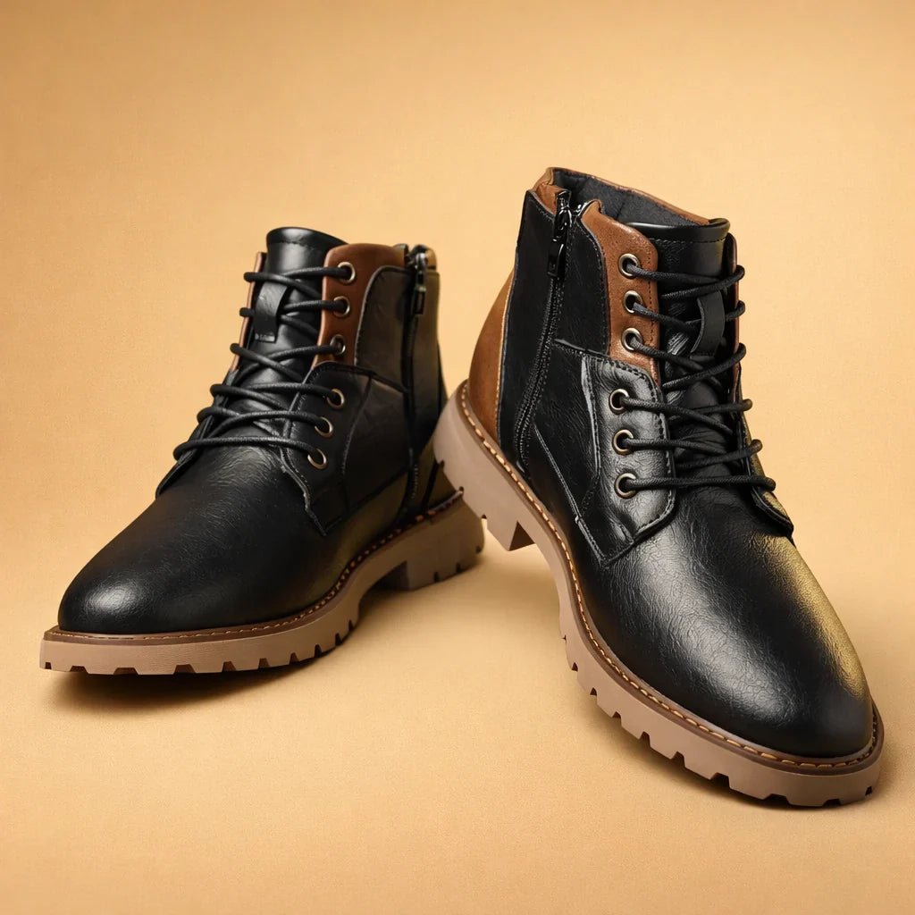 Close-up of men's rugged leather lace-up boots showing texture, durable sole, and strong laces for everyday wear.