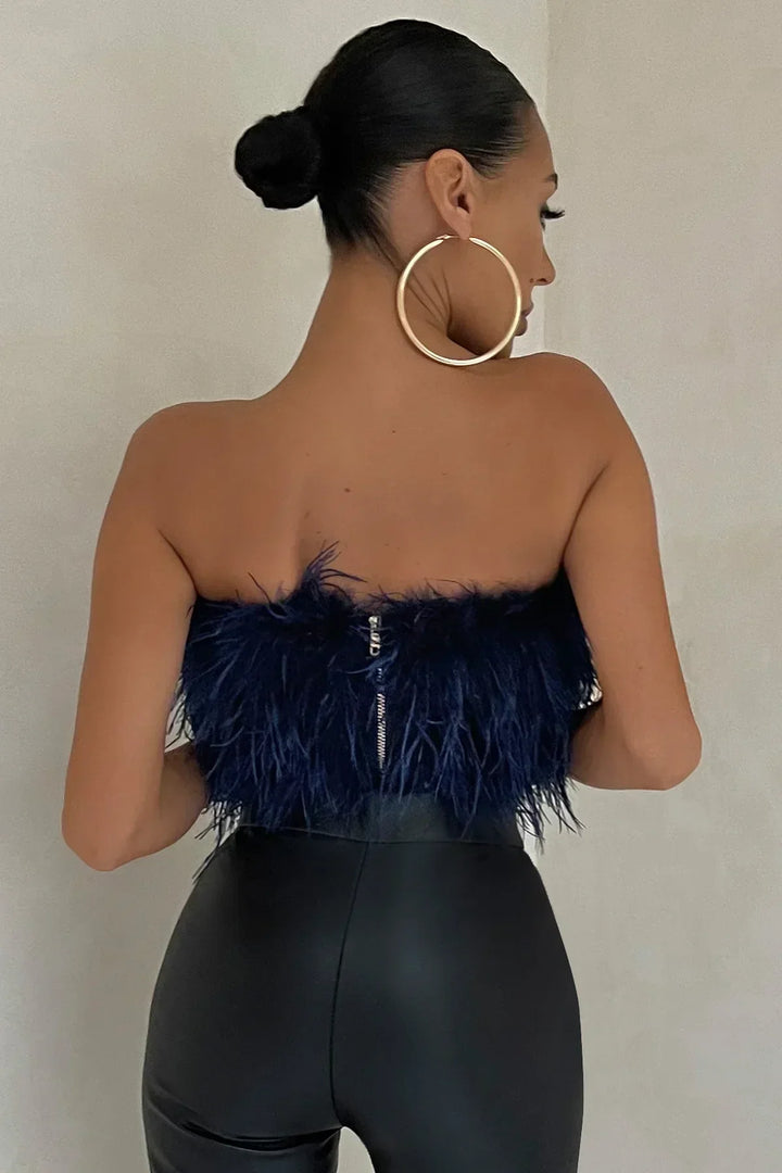 Women's trendy feather crop top, perfect for parties & sophisticated summer looks.