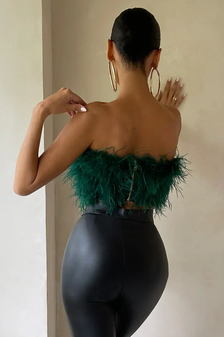 Elegant feather tube top for women, versatile party wear & summer fashion staple.