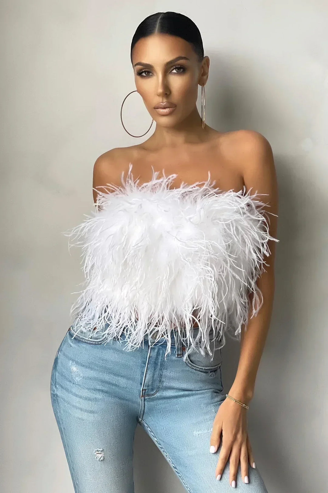 Elegant women's feather-trim tube top, perfect for parties & stylish events.
