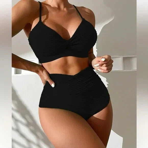 Versatile women's high-waist push-up bikini swimsuit, perfect summer beachwear & stylish pool outfit.