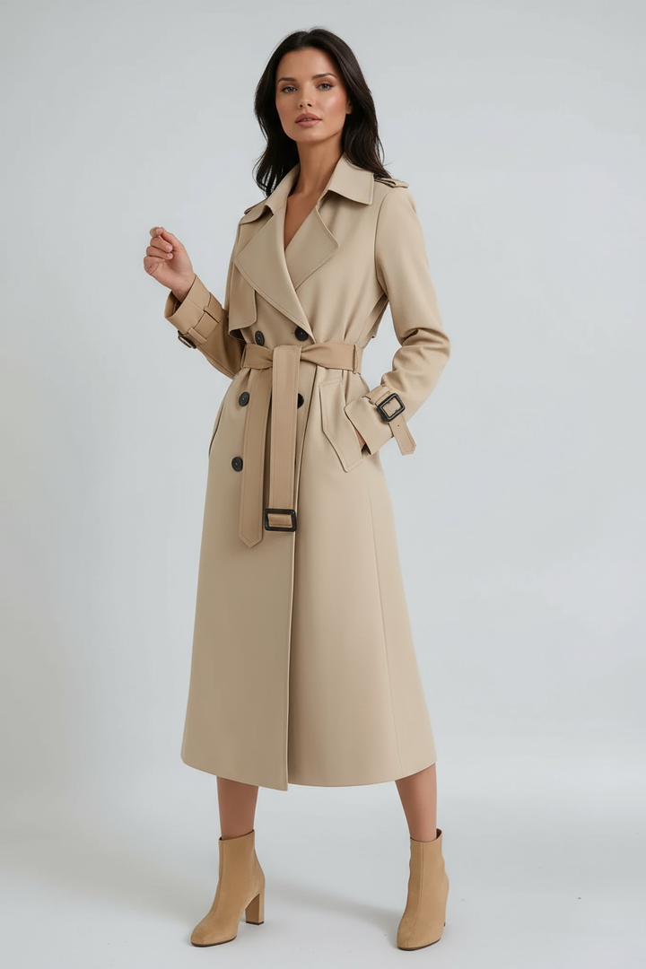 Women's classic long belted trench coat, ideal spring & fall jacket. Elegant double-breasted outerwear.