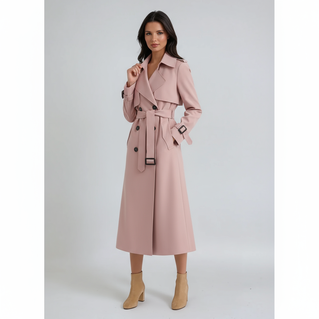 Fashionable women's long belted trench coat, a classic double-breasted outerwear piece for any season.