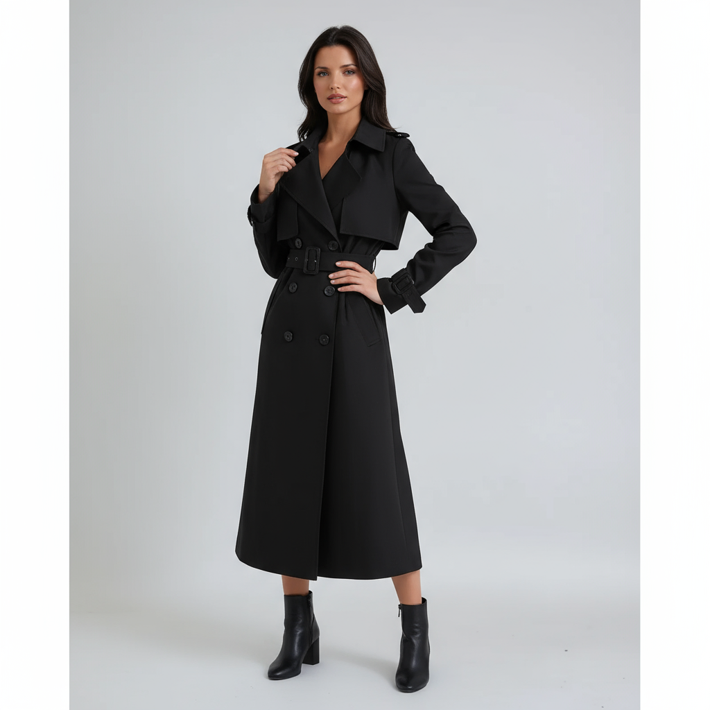 Stylish women's long belted trench coat, perfect wardrobe staple for spring, fall, and elegant outerwear.