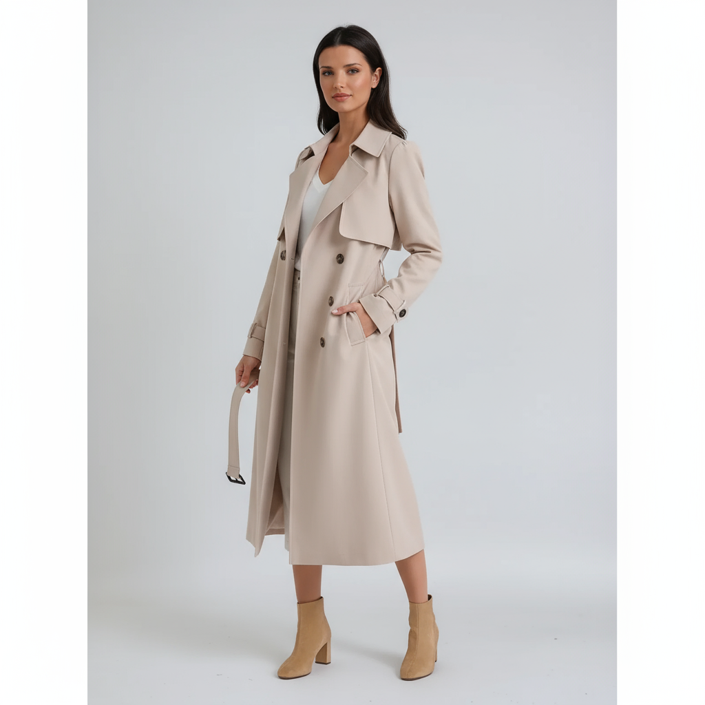 Elegant women's double-breasted trench coat with adjustable belt, a classic long jacket for all seasons.