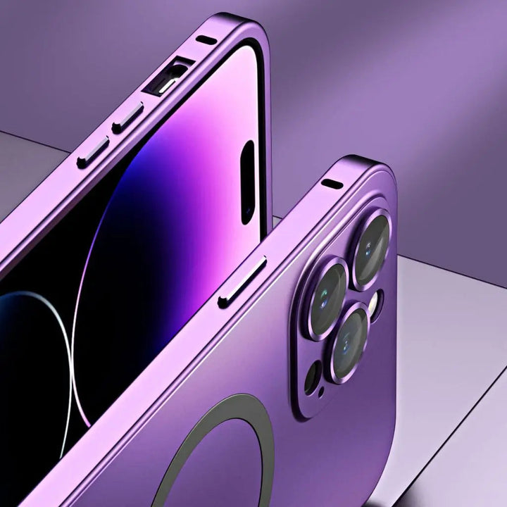 Stylish black magnetic metal iPhone case, slim protective aluminum design for various iPhone models.