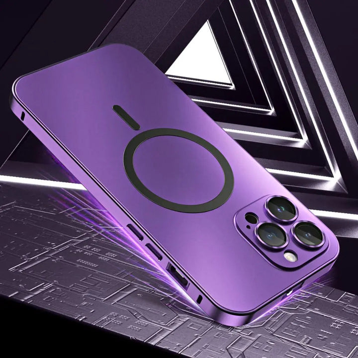 Detail of aluminum frame on slim protective magnetic iPhone case, enhancing durability.
