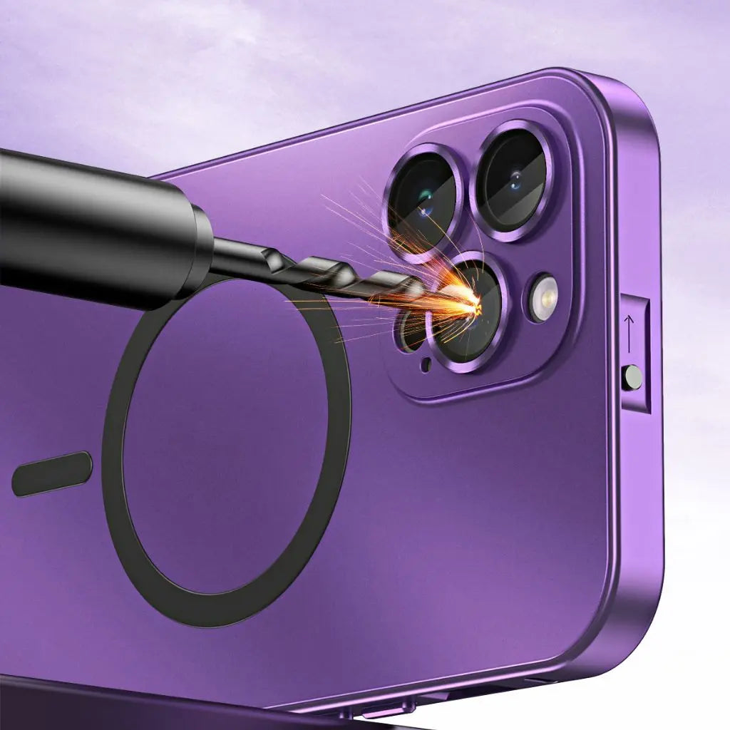 Back view of slim magnetic metal iPhone case, showcasing precise camera cutout & protective frame.