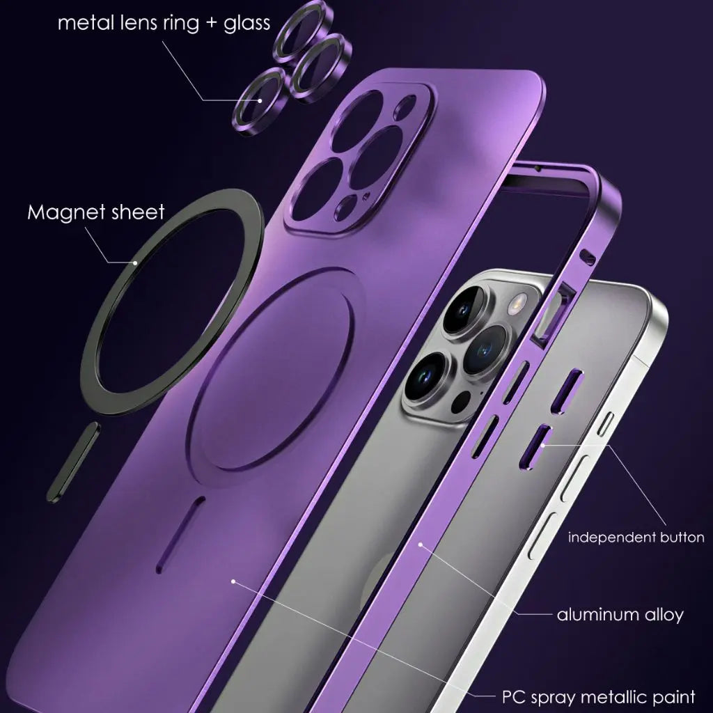 Hand holding a slim protective magnetic metal iPhone case, highlighting its ergonomic feel.