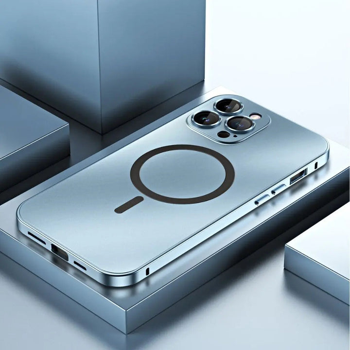 Premium tech accessory: slim protective magnetic metal iPhone case for secure phone handling.