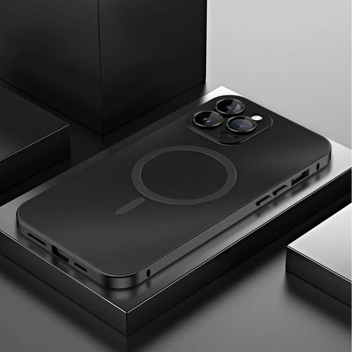 Modern unisex magnetic metal iPhone case, combining sleek design with strong protective features.