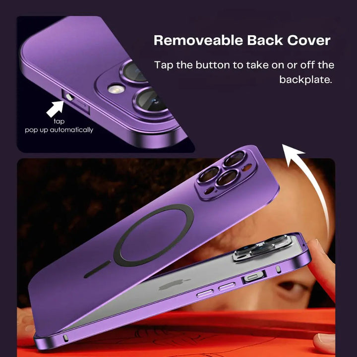 Front view of iPhone in slim magnetic metal case, showing edge protection & screen accessibility.