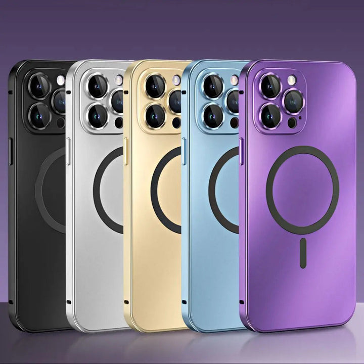 Full view of slim protective magnetic metal iPhone case with precise cutouts & MagSafe compatibility.