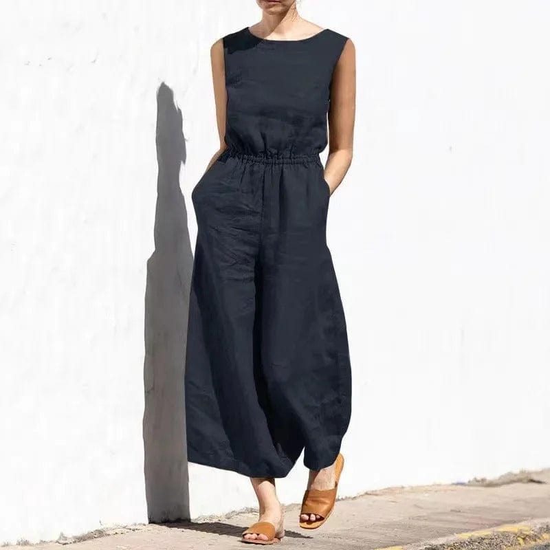 Sleeveless wide-leg jumpsuit, a versatile piece for women seeking comfort and elegant summer fashion.