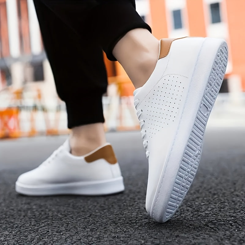 Comfortable men's white low-top trainers, a classic and clean casual shoe for everyday style.