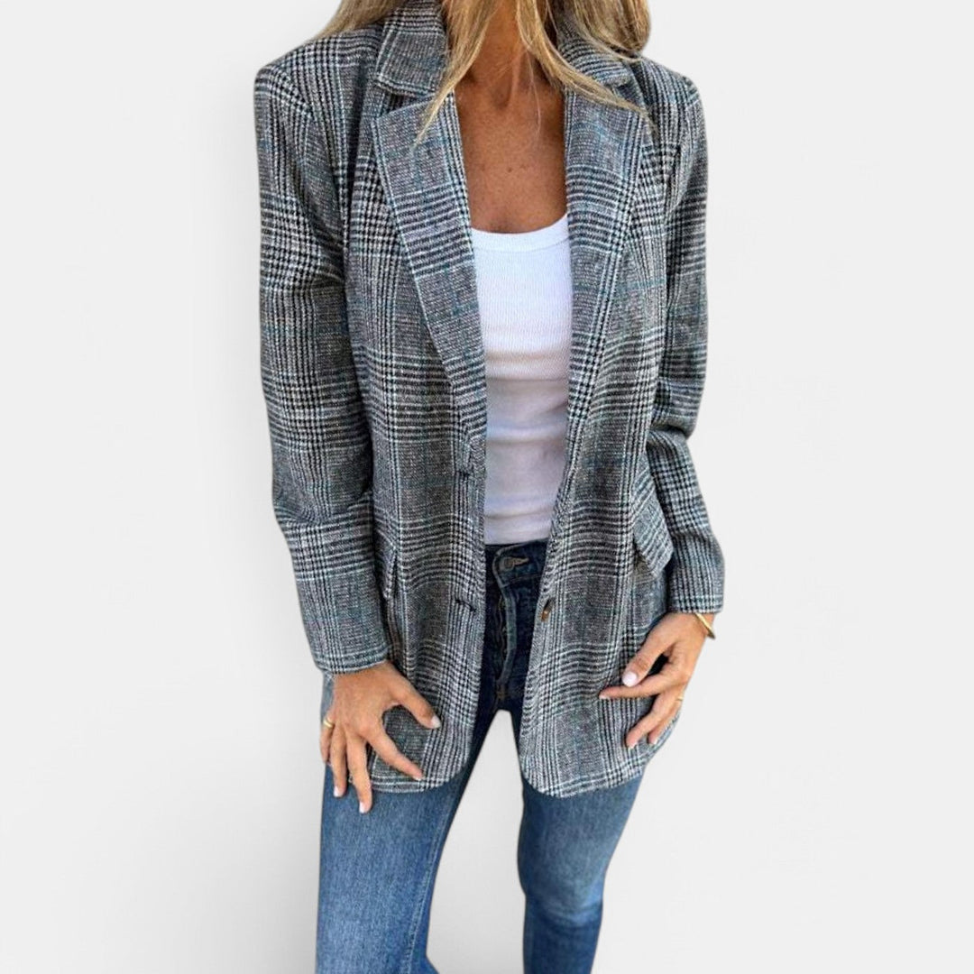 Women's classic checkered blazer, tailored for elegant office wear. Versatile long sleeve jacket with notch collar.