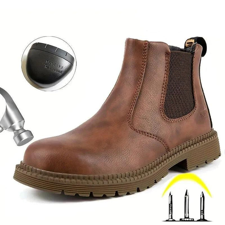Weather-ready men's waterproof steel toe work boots, slip-resistant and durable for outdoor construction.