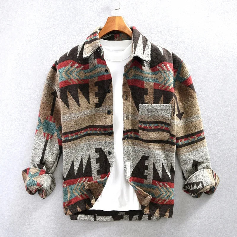 Men's stylish Aztec print button-down shacket, perfect casual outerwear for layering and a relaxed fit.