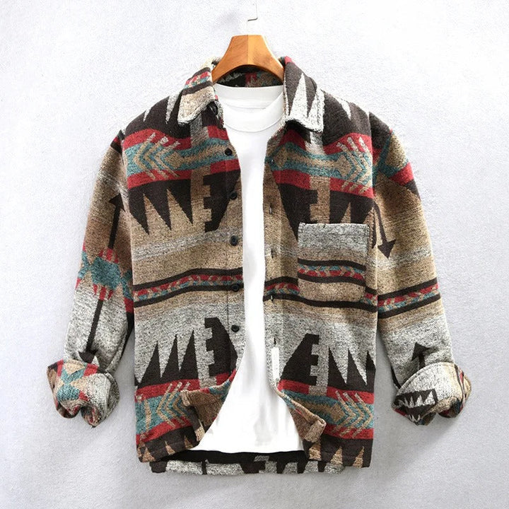 Men's stylish Aztec print button-down shacket, perfect casual outerwear for layering and a relaxed fit.