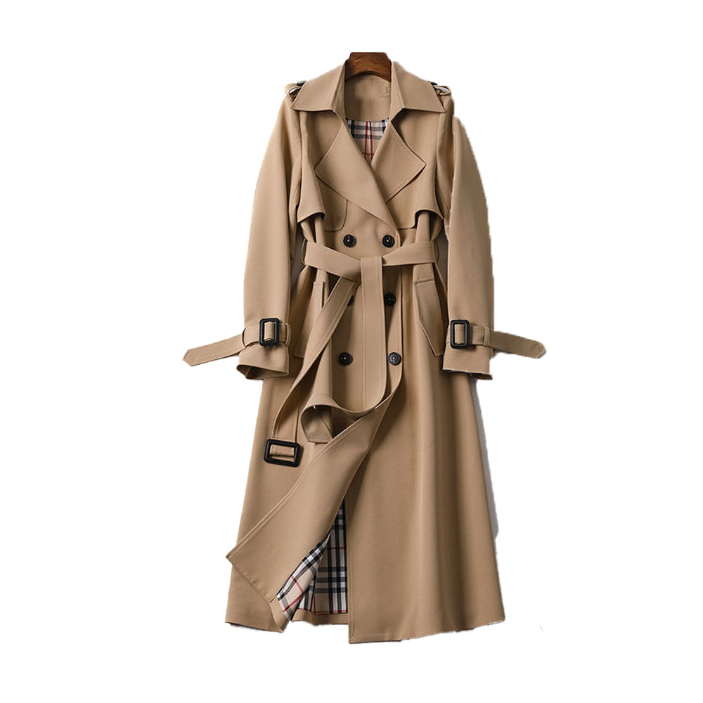 Stylish black mid-calf trench coat for women, featuring a double-breasted design & belt.