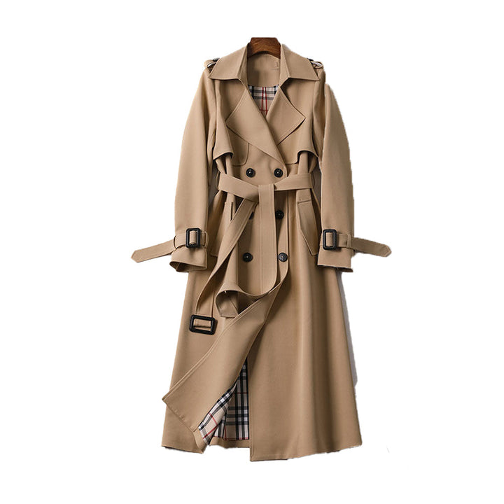 Stylish black mid-calf trench coat for women, featuring a double-breasted design & belt.