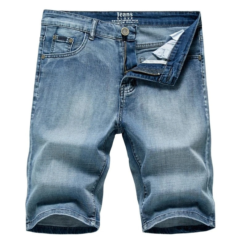 Men's black denim shorts, classic fit for casual wear and comfortable summer style.