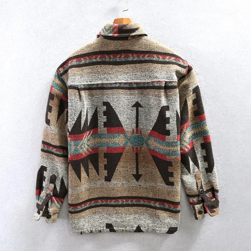 Casual men's shacket featuring a unique Aztec print and button-down design. A versatile outerwear for stylish layering.