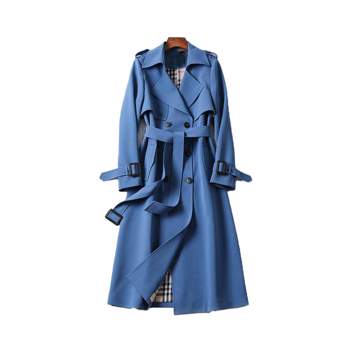 Sophisticated women's black belted trench coat, double-breasted for a chic, elegant look.