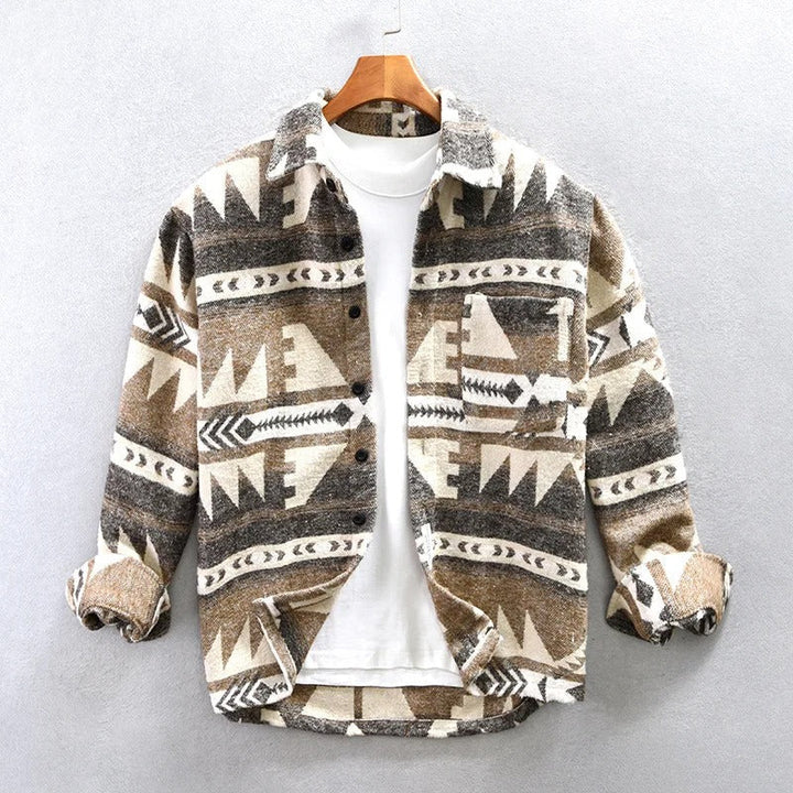 Stylish men's long sleeve Aztec print shacket with button-down front. Ideal casual jacket for a modern look.