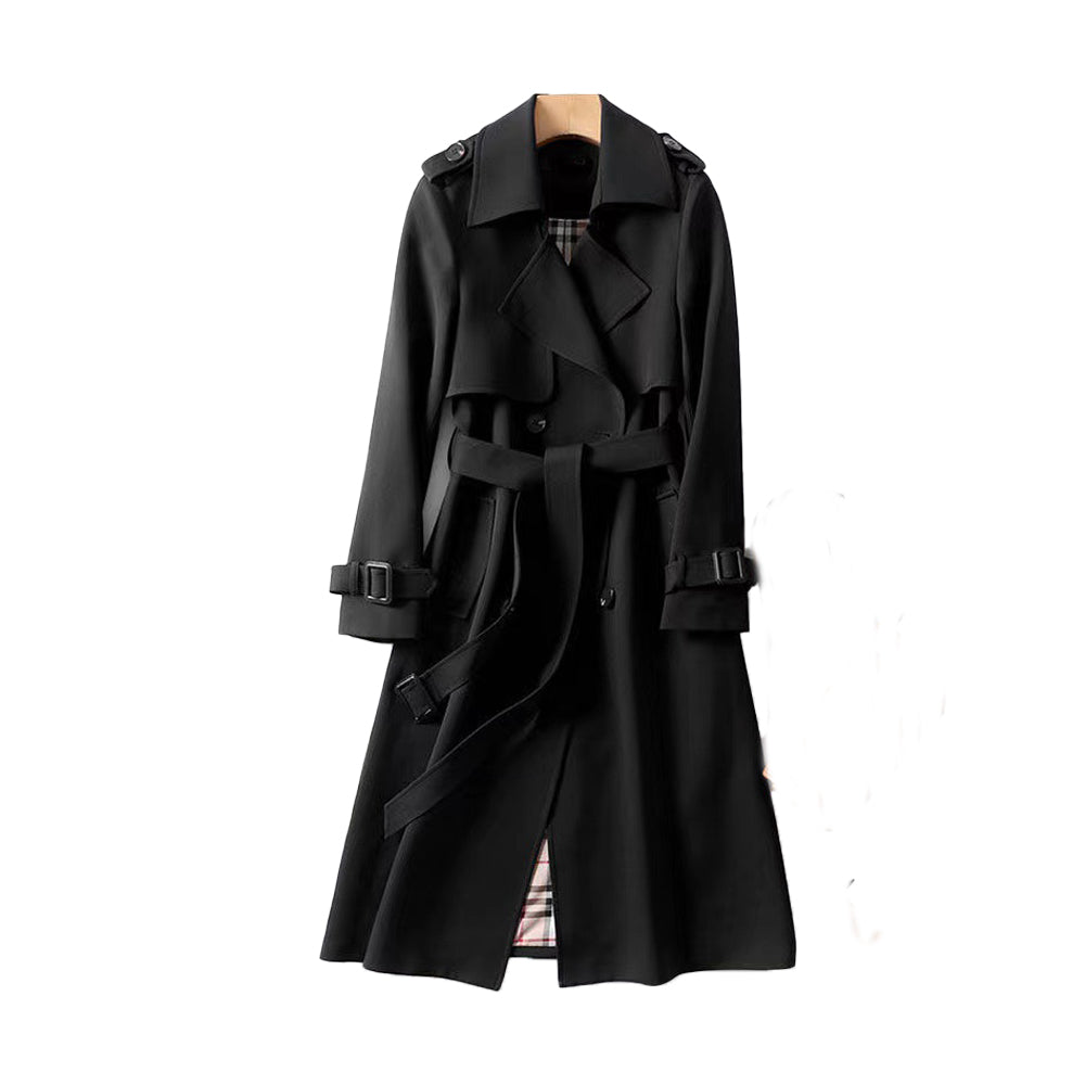 Elegant women's double-breasted trench coat with a belt, ideal for smart casual & workwear.