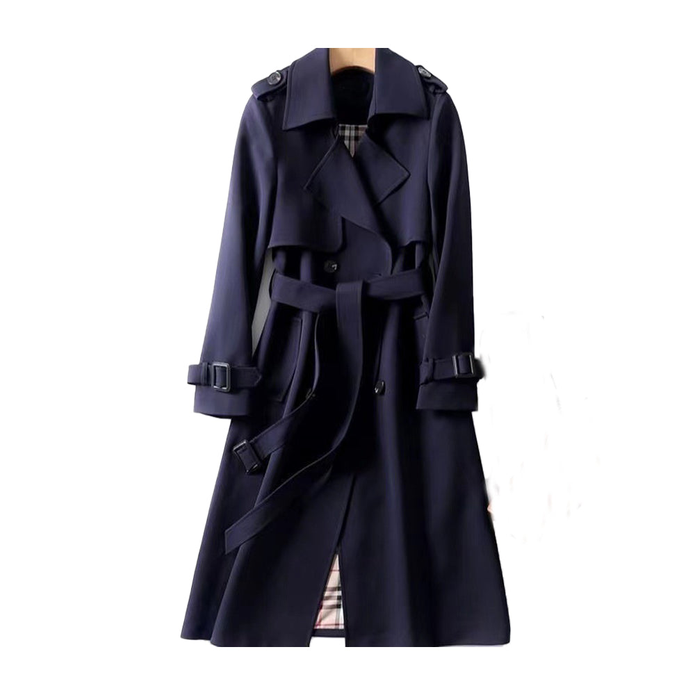 Camel double-breasted belted trench coat for women, a timeless classic outerwear piece.