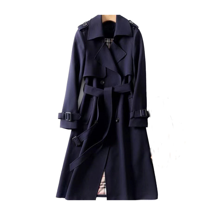 Camel double-breasted belted trench coat for women, a timeless classic outerwear piece.