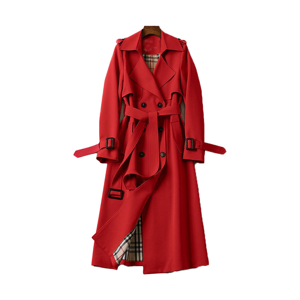 Fashionable women's double-breasted trench coat with belt detail, suitable for any elegant fashion.