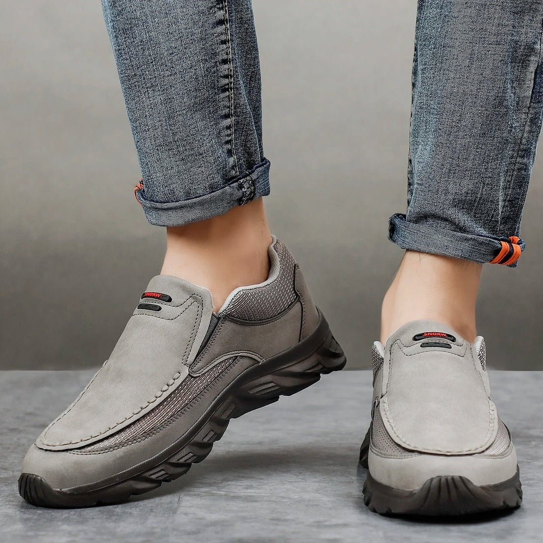 Close-up of men's casual loafers, showcasing quality material and comfortable slip-on design.