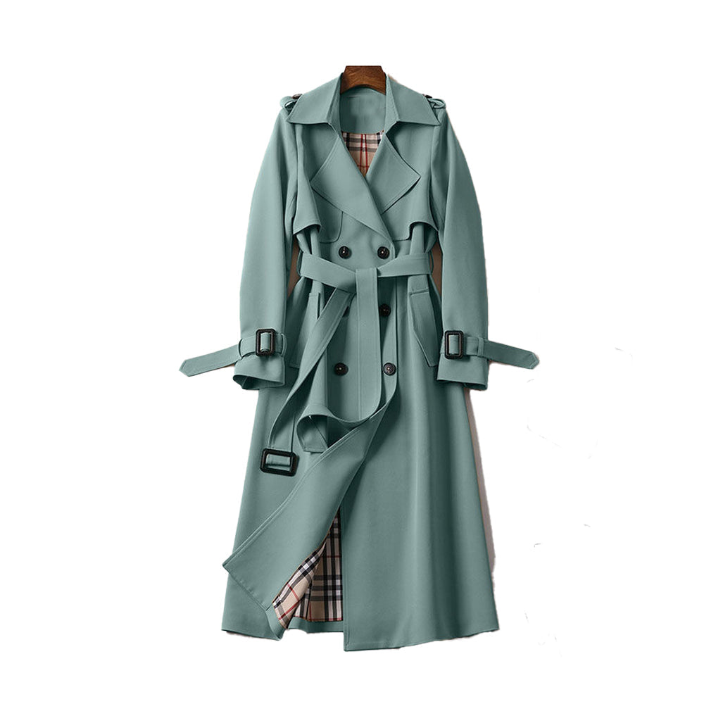 Mid-calf women's trench coat in camel, double-breasted and belted for a classic, elegant style.