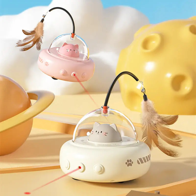 Interactive UFO cat toy with auto-rotating laser pointer for active play & feline enrichment. Stimulates mental & physical activity.