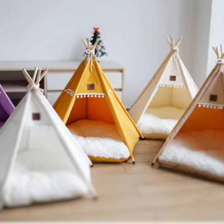 Cozy canvas pet teepee play tent for cats & small dogs. Washable & durable pet house, a perfect hideaway.