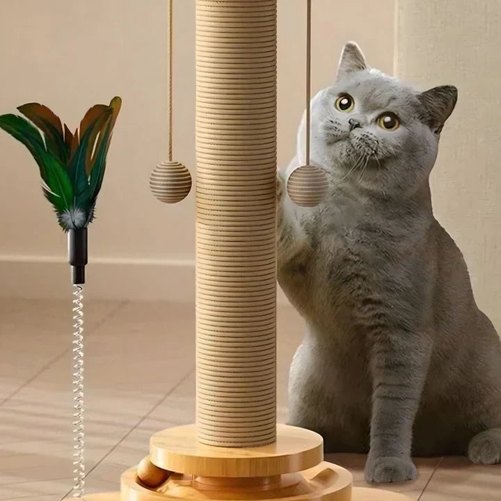 Durable wooden cat scratching post & interactive toy with natural wood base for feline enrichment.