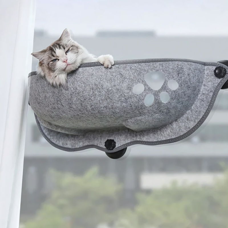 Cozy cat window hammock perch for sunbathing and bird watching, with strong suction cups, ideal for feline comfort.