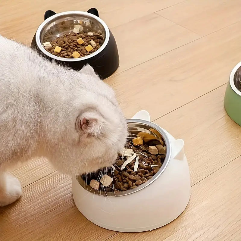 Elevated cat food bowl for improved posture and healthy digestion.