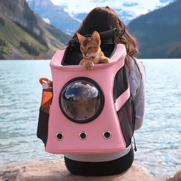 Unisex cat carrier backpack with panoramic window for safe, comfortable, and breathable pet travel.