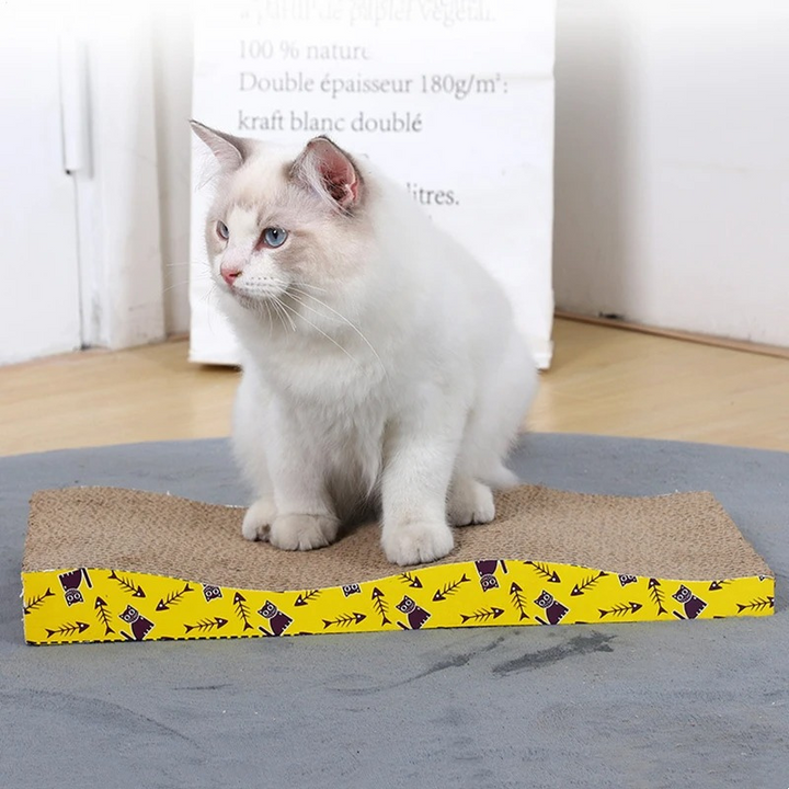 Durable cat scratching pad & lounger, perfect for feline nail health & play. Heavy-duty corrugated cardboard.