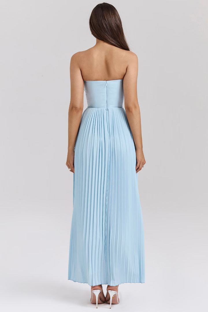 Chic celeste blue strapless midi dress for women, an elegant evening gown for special occasions.