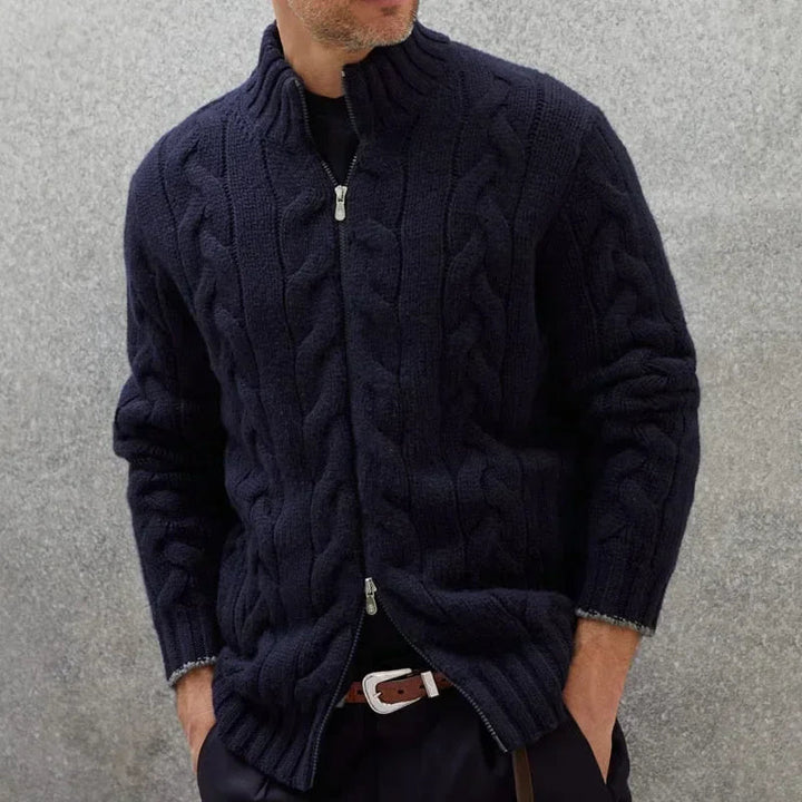 Men's classic zip-up cable knit sweater, perfect for warm winter style.
