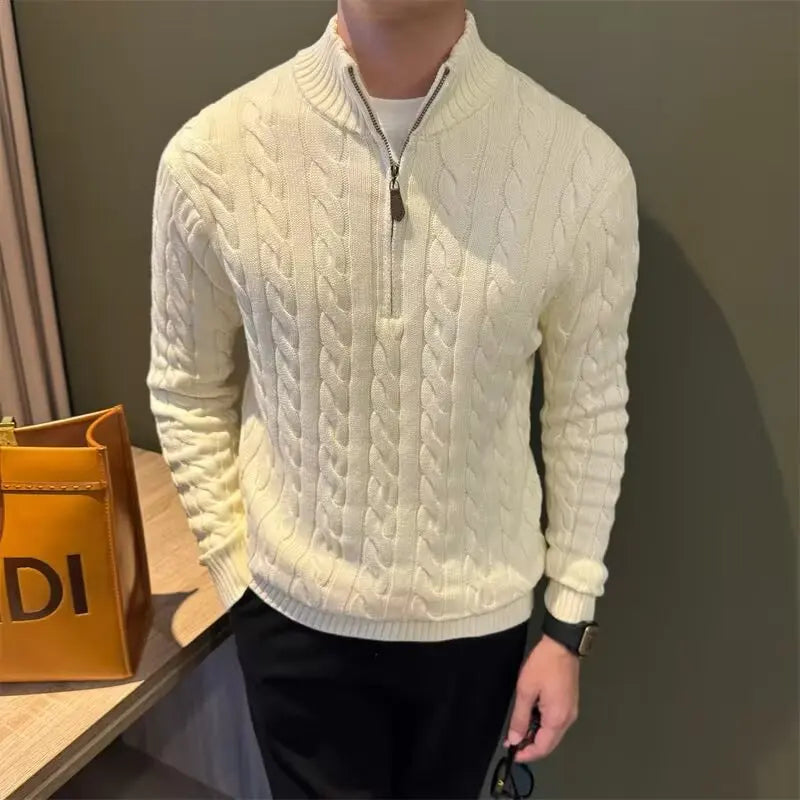 Stylish men's zip-up cable knit sweater, ideal for casual layering in cold weather.